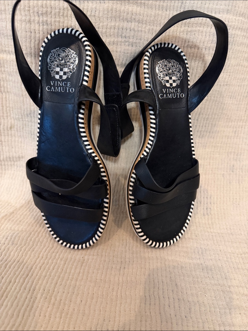 Vince Camuto Black Strappy Slingback Sandals with Striped Trim